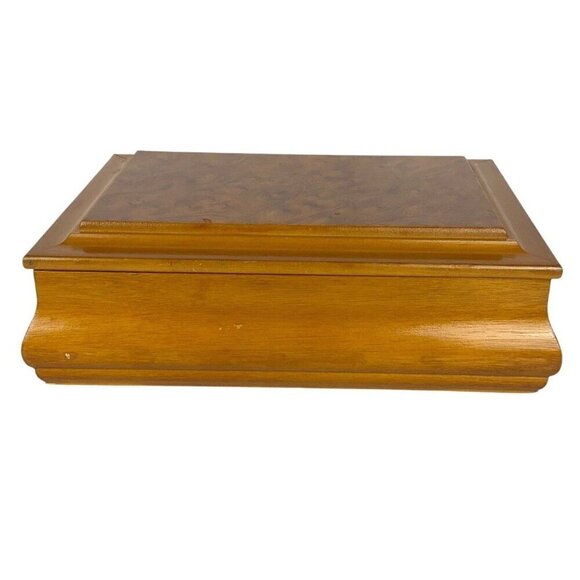 Blonde Wood Jewelry Box Burl Veneer Lid 2 Tiers Velvet Lining Mirror 1980s - Picture 1 of 10